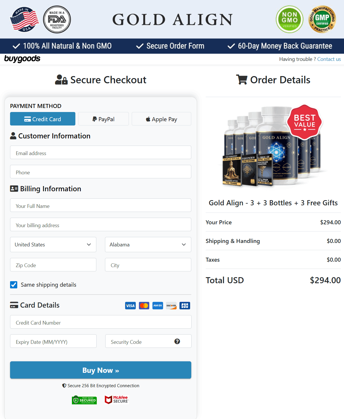 Gold Align  Checkout page